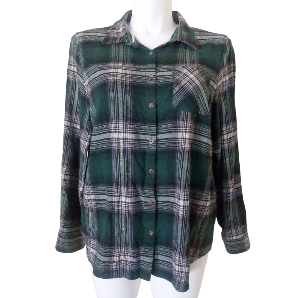 Dressbarn Plus Size 2X Dark Green Gold Plaid Long Sleeve Button Up Flannel Top